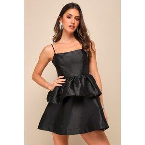 Lulus Bubbly Charm Black Taffeta Tiered Ruffled Mini Dress - Size L